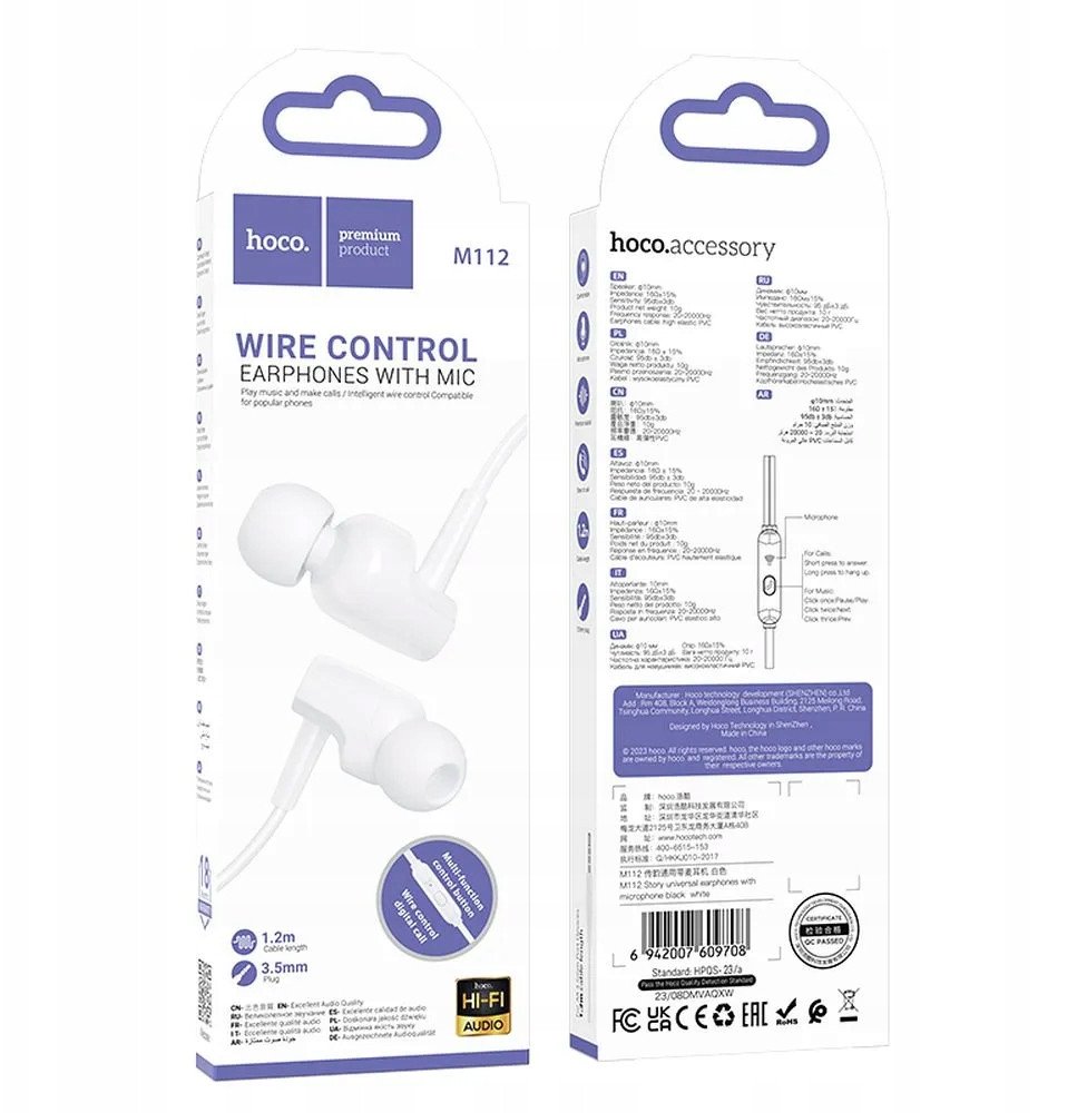 Слушалки со кабел Hoco M112, 3.5 mm, со микрофон, бели
