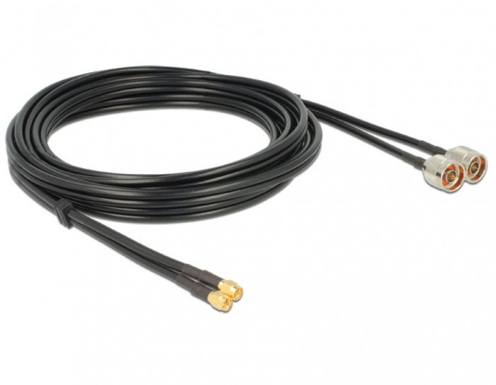 Кабел за антена Delock 89467, N Plug во SMA Plug, двоен RG-58 C/U, 5m, црн
