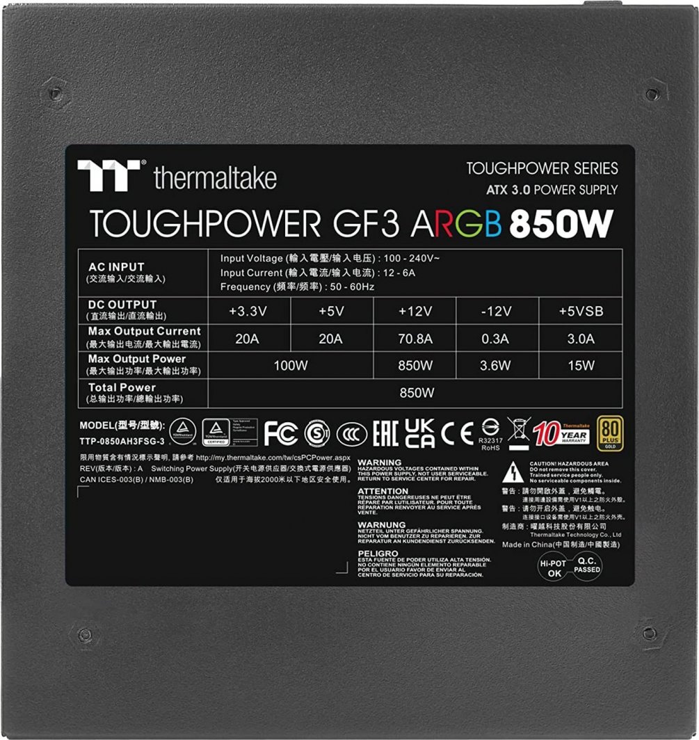 Напојување Thermaltake Toughpower GF3 ARGB PS-TPD-0850F4FAGE-1 ATX 3.0, 850W