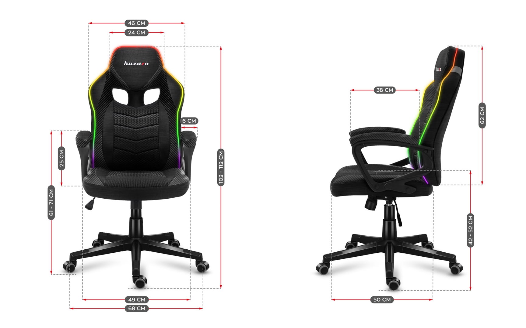 Karrige lojërash Huzaro Force 2.5 RGB Carbon Mesh, 130 kg, e zezë