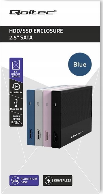 Kuti e jashtme Qoltec Enclosure Pocket, për SSD HDD 2.5", USB 3.0, deri 2TB, blu