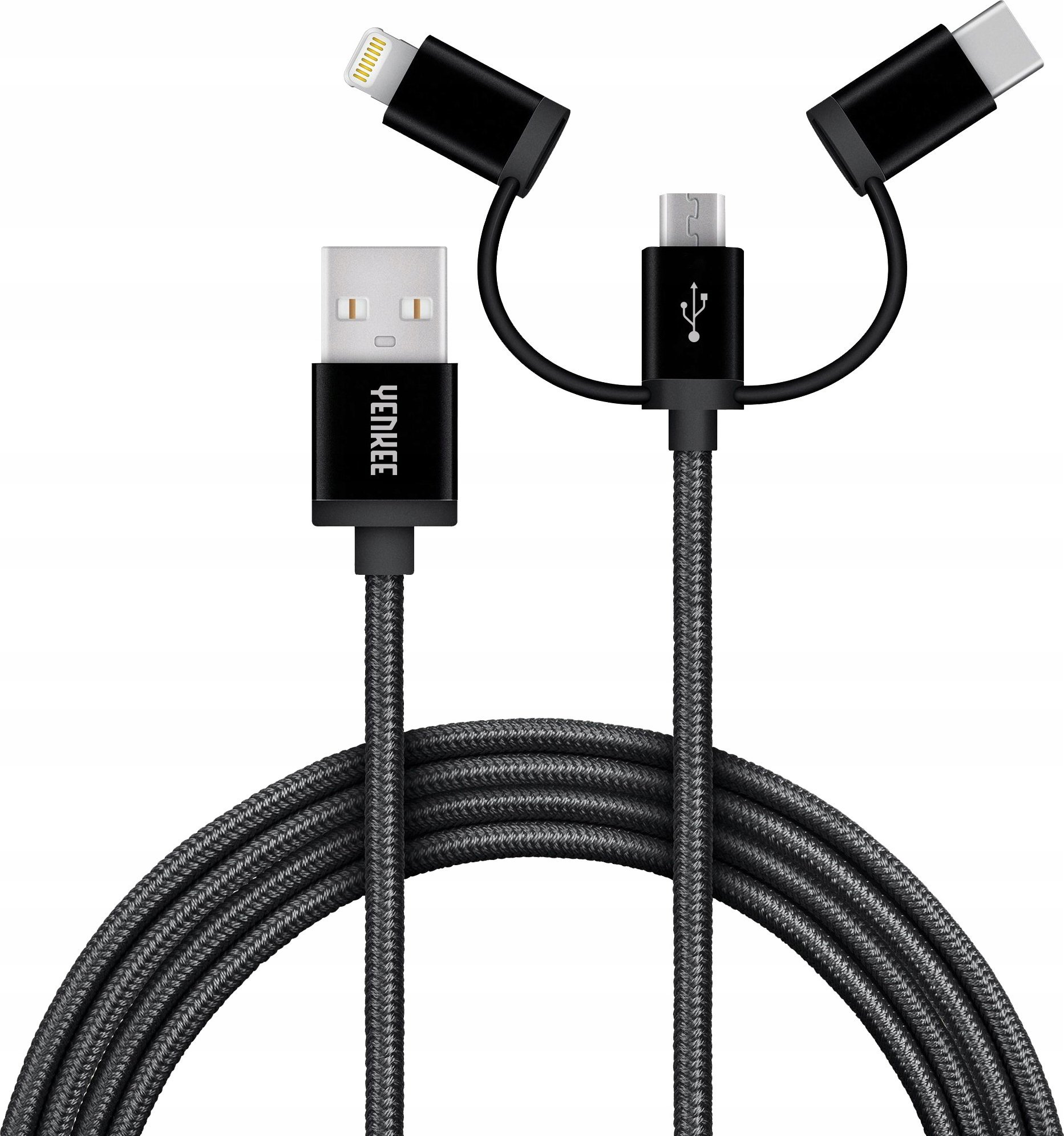 Kabllo USB A në USB C Micro USB Lightning 3 në 1, karikim i shpejtë, 3A, najlon, gri
