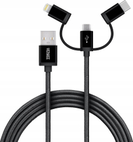 Kabllo USB A në USB C Micro USB Lightning 3 në 1, karikim i shpejtë, 3A, najlon, gri