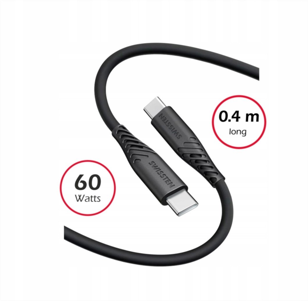 USB кабел Swissten Soft Silicone, USB C во USB C, 0.4m, 60W, црн