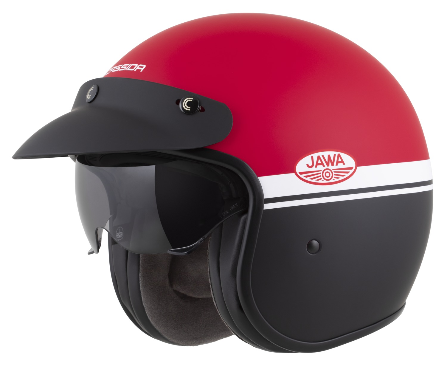 Helmetë moto CASSIDA Oxygen 2.0 Jawa OHC, polikarbonat, vizor dielli, e kuqe mat e zezë e bardhë