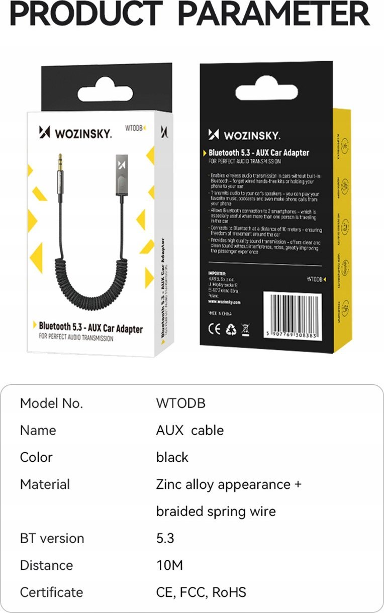 Adaptues audio Bluetooth Wozinsky WTODB, Bluetooth 5.3, marrës AUX 3.5 mm, i zi