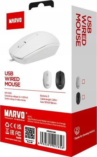 Mi kompjuteri Marvo MS003, me kabllo, 1000DPI, i bardhë