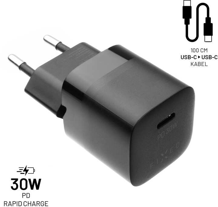 Karikues FIXED Mini me USB-C, PD, 30W, i zi + kabllo USB-C - USB-C, 1m, e zezë