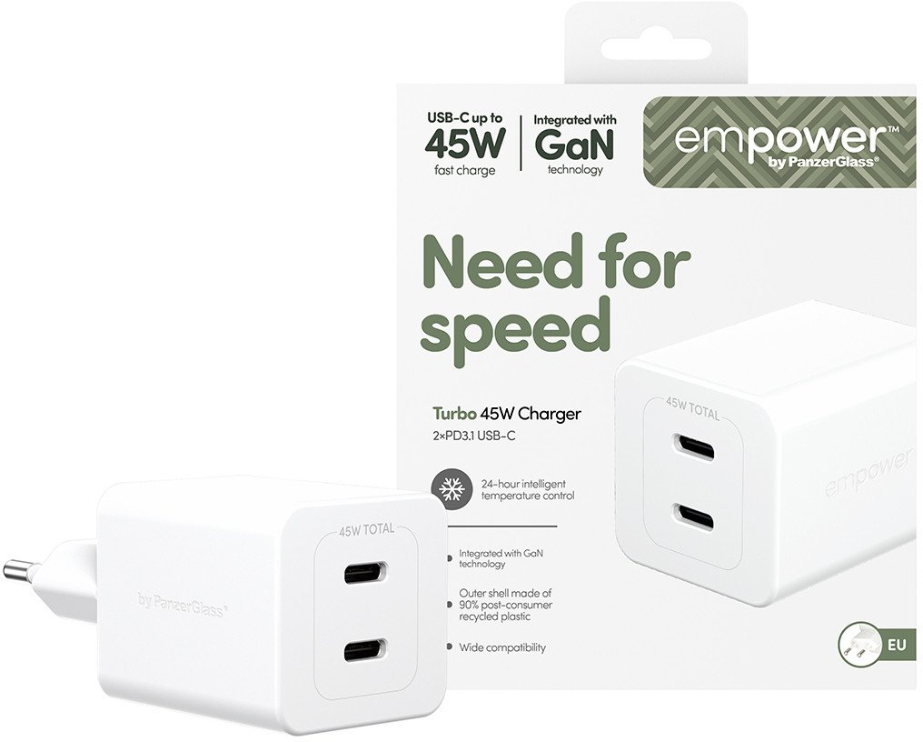 Ѕиден полнач PanzerGlass Turbo 45W, 2x USB C, PD 3.1, бел