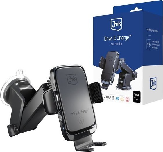 Mbajtës telefoni për veturë 3MK Drive &amp; Charge, karikim wireless 15W, montim në grilë dhe xham, i zi