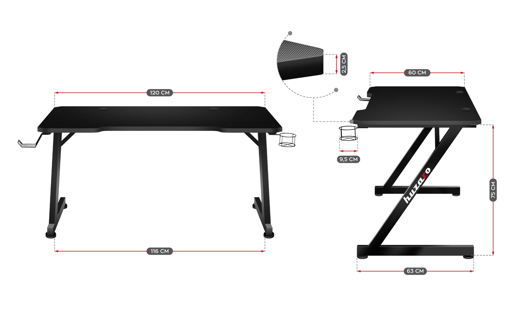 Tavolinë gaming Huzaro Hero 2.5, 120x60 cm, e zezë