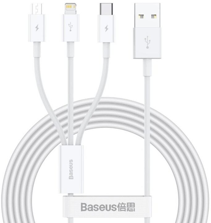 Kabllo BASEUS Superior 3në1, USB-A - USB-C/micro USB/Lightning, 1.5m, e bardhë