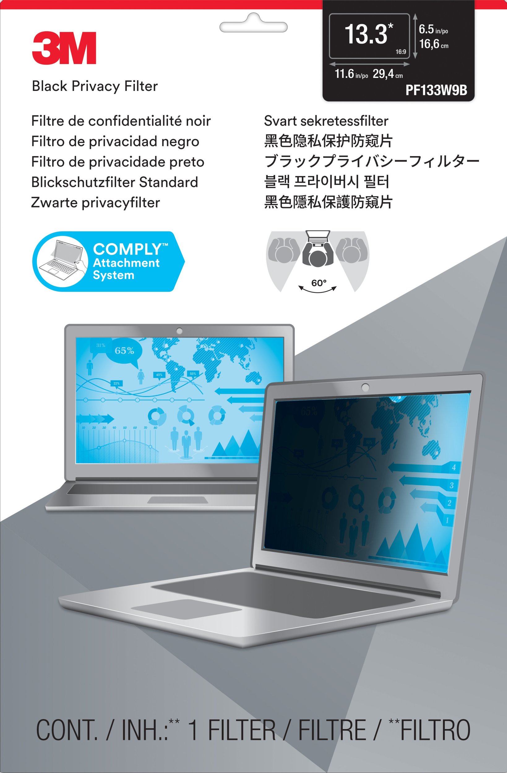 Filter privatësie për laptop 3M PF133W9B, 13.3", mat, transparent