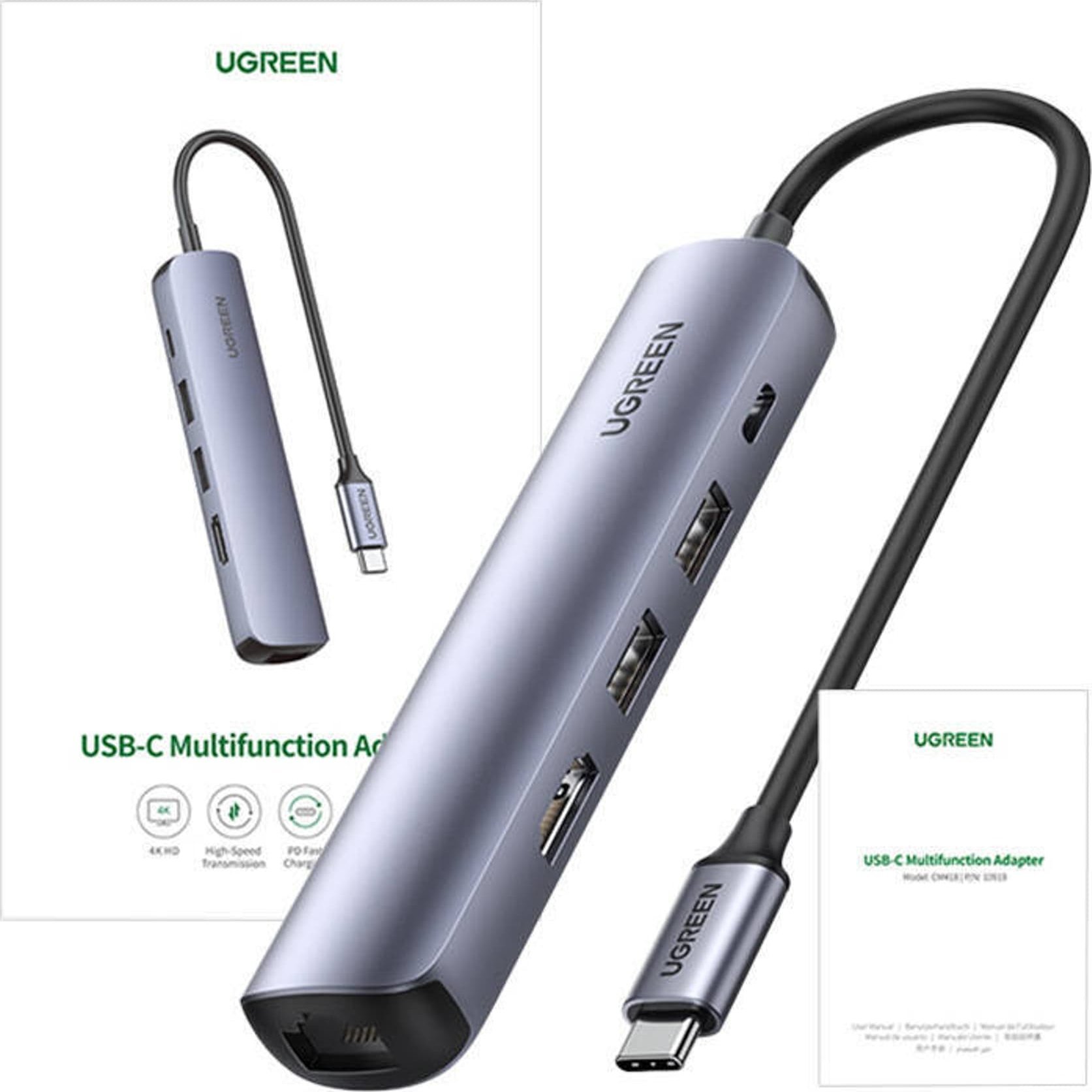 Hub USB C Ugreen Revodok CM418, 2x USB, HDMI 4K 30Hz, RJ45 1Gb, gri