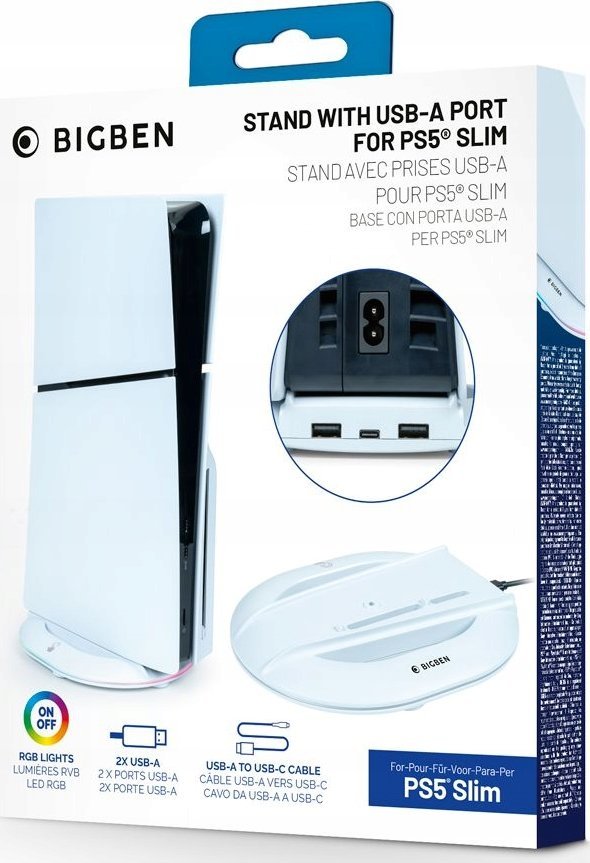 Bazë vertikale BigBen për PS5 Slim, me 4 porta USB, RGB, e bardhë