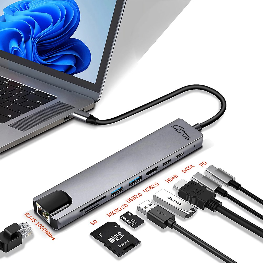 Stacion lidhës Media-Tech 8 në 1 GIGA LAN HUB MT5046, i hirtë