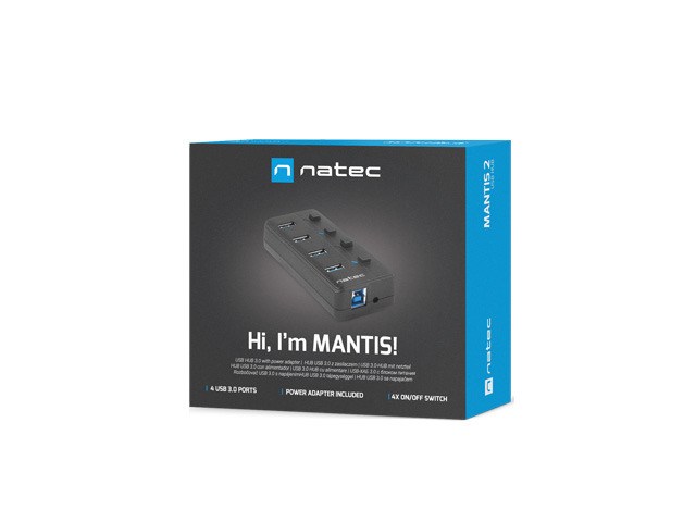 USB Hub Natec Mantis 2, 4 porte USB 3.0, e zezë