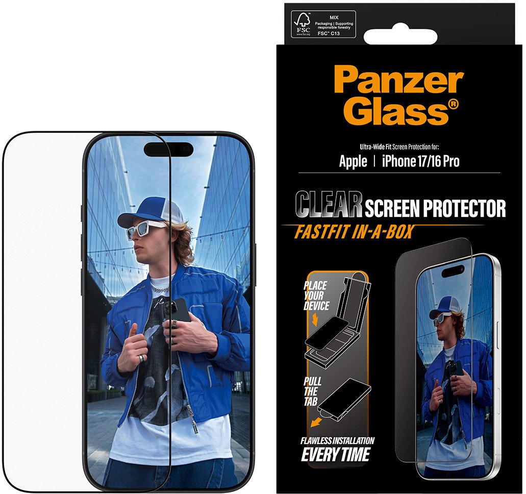 Мрежа за заштита на екран PanzerGlass за iPhone 17 и iPhone 16 Pro, Ultra Wide Fit, FASTFIT in a Box, проѕирна
