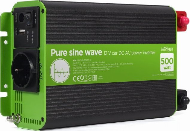 Konvertues Gembird 12V/ 230V, 500W/ 1000W, i gjelbër/ i zi