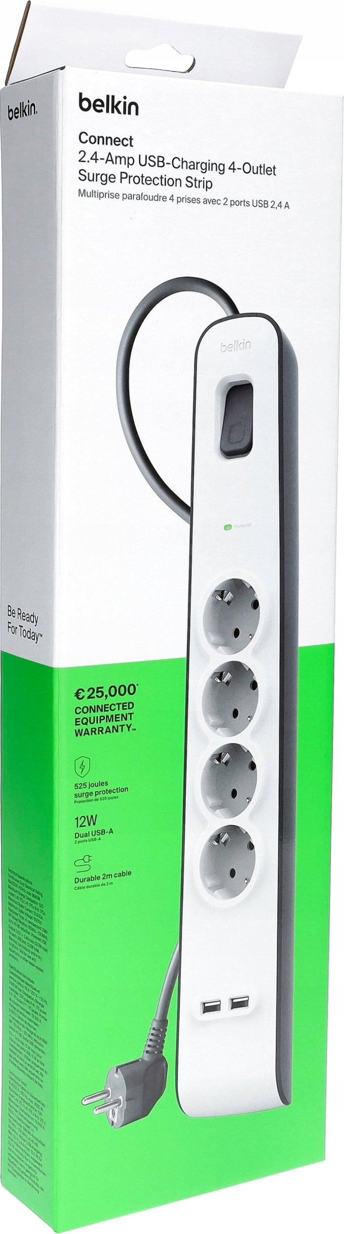 Продолжен приклучок Belkin Surge Protection, 4 излези, USB, кабел 2m, бела