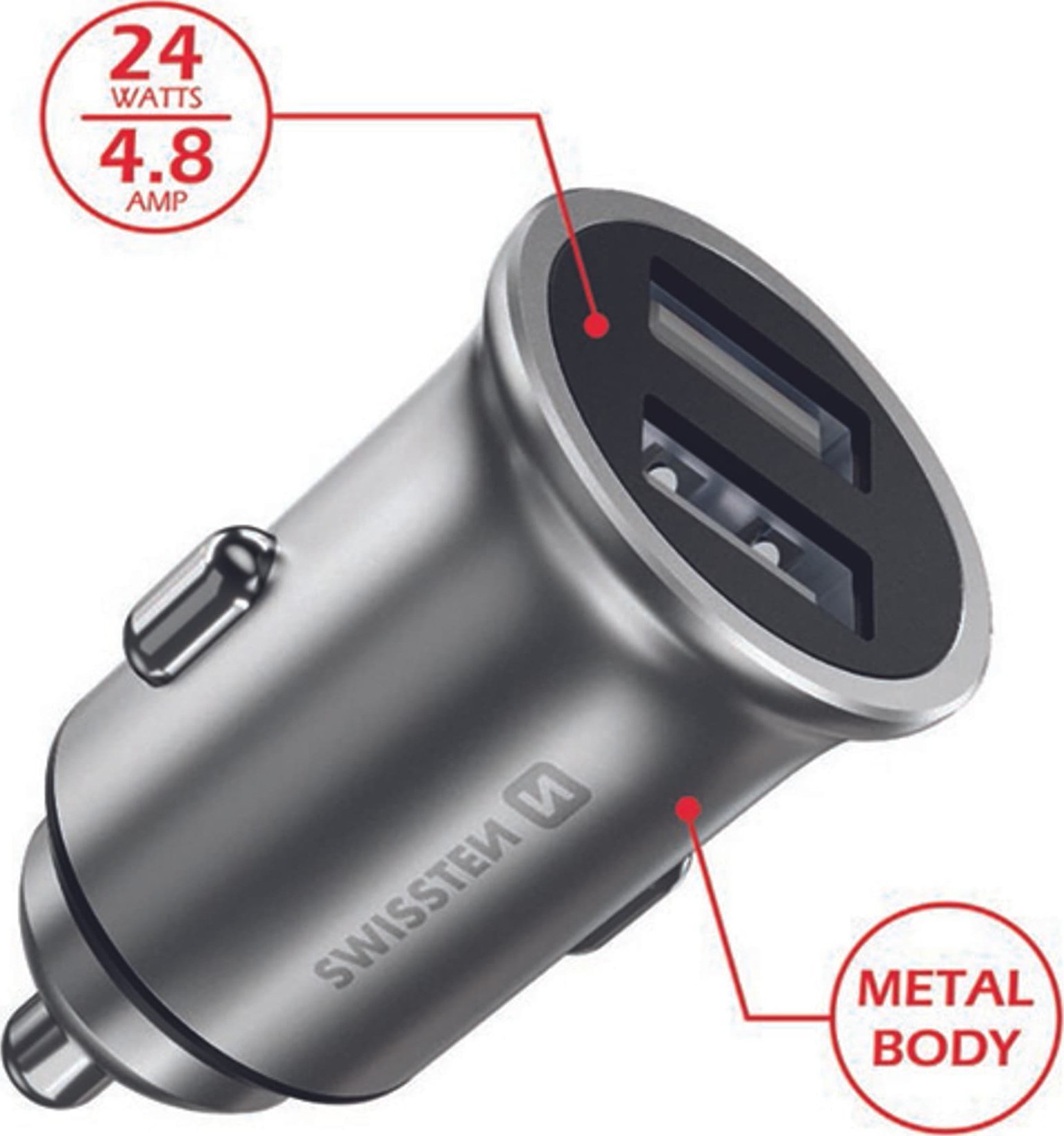 Karikues makinë Swissten CL, 2x USB 4.8A, 24W, metalik argjendtë