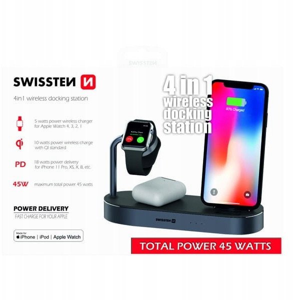 Полнач за автомобил Swissten Wireless 4in1 MFi, 45W, USB Power Delivery, црн
