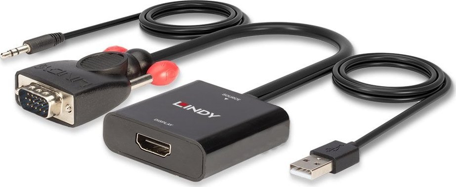 Konvertues video Lindy VGA në HDMI, audio stereo, Full HD 1080p, i zi