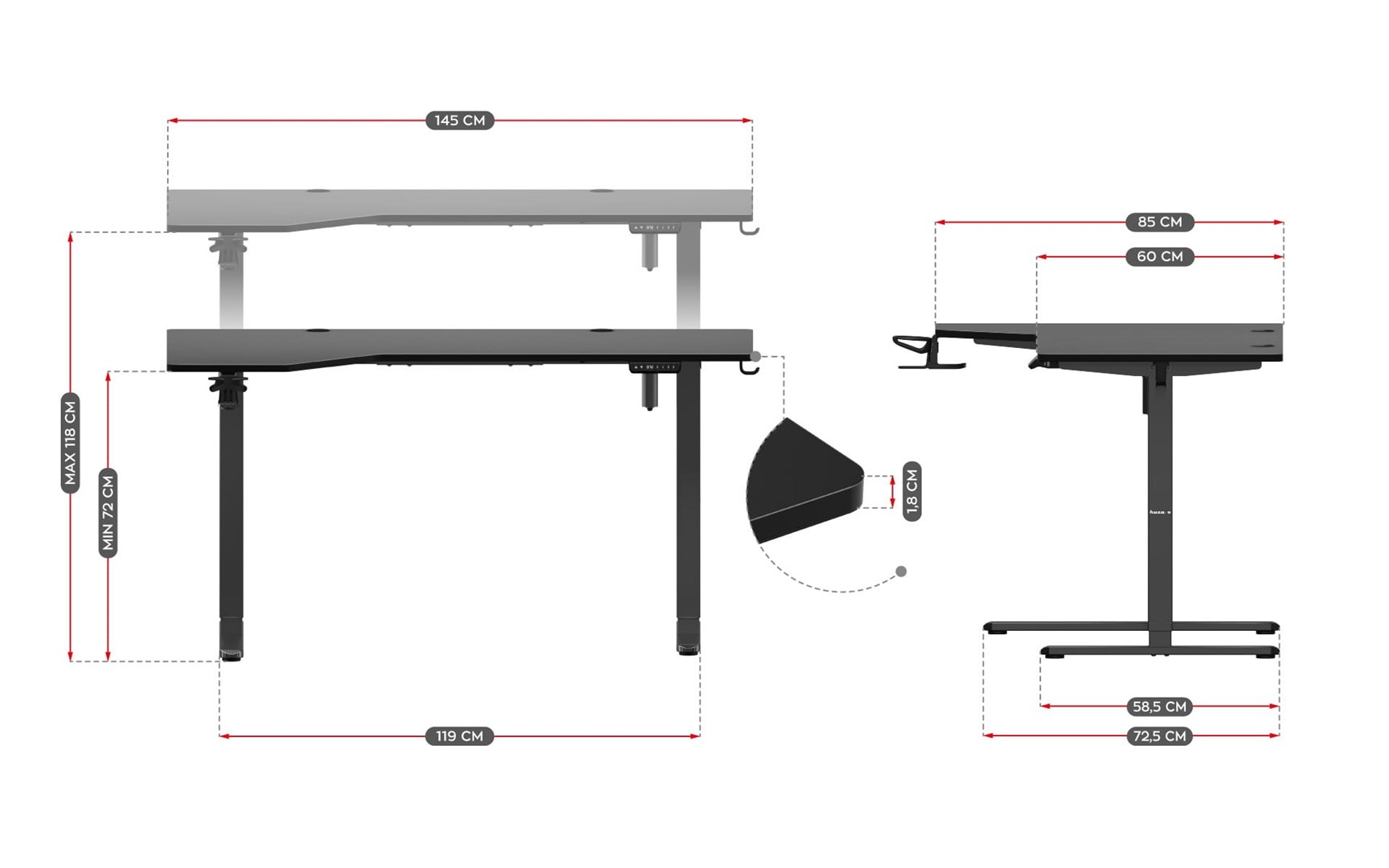 Tavolinë elektrike Huzaro Hero 9.1, 145 x 60 cm, lartësi 72-120 cm, e zezë