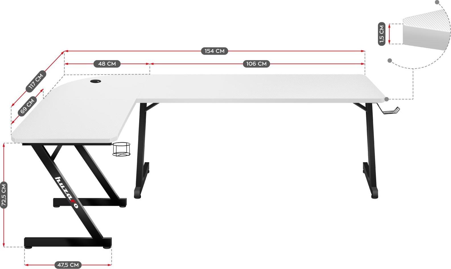 Tavolinë gaming Huzaro Hero 7.0, 154 x 117 cm, e bardhë