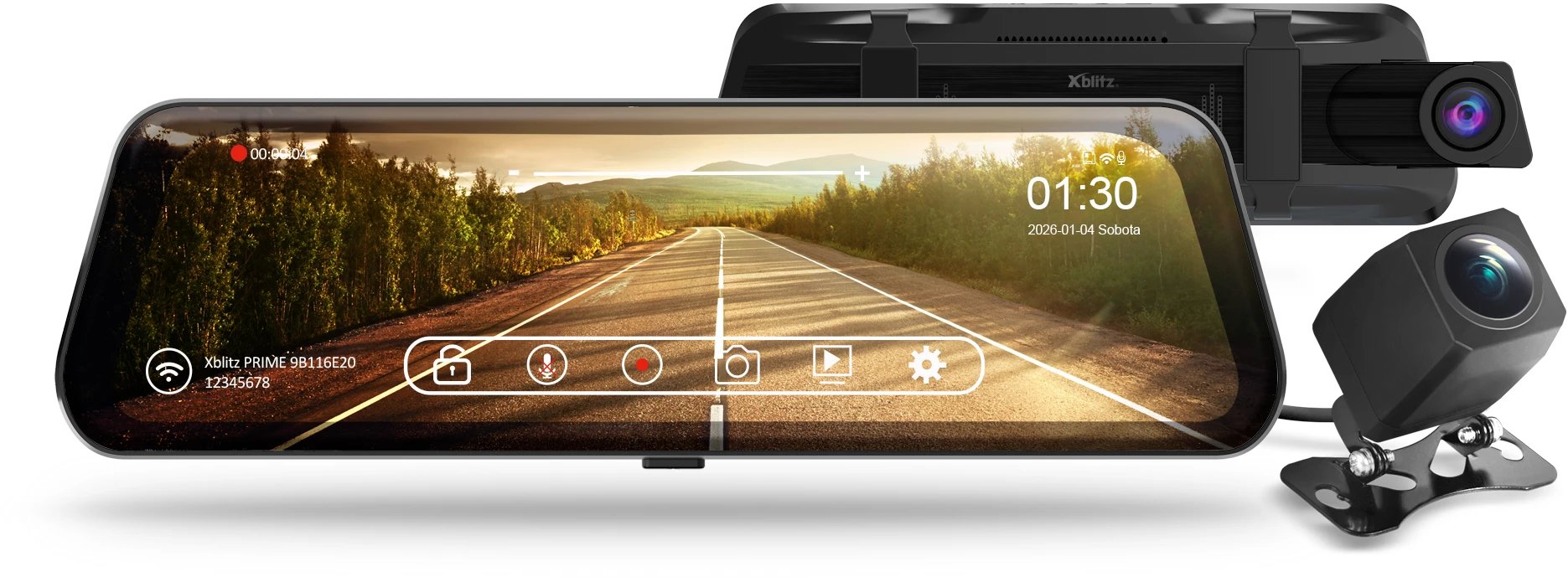 Kамера за автомобил Xblitz Prime, ретровизор со допир, 4K HDR, WiFi, црна
