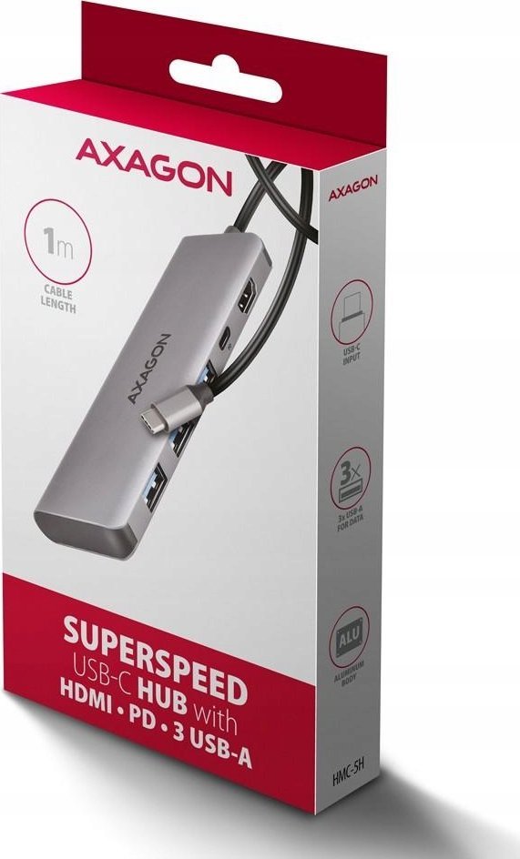 Hub USB C Axagon HMC 5H, 3x USB A, HDMI 4K, PD 100W, argjendtë