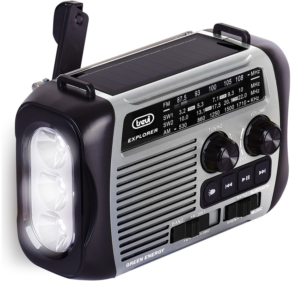 Radio portative Trevi RA 7F30 BT, solar dhe dinamo, USB MicroSD wireless, gri e zezë