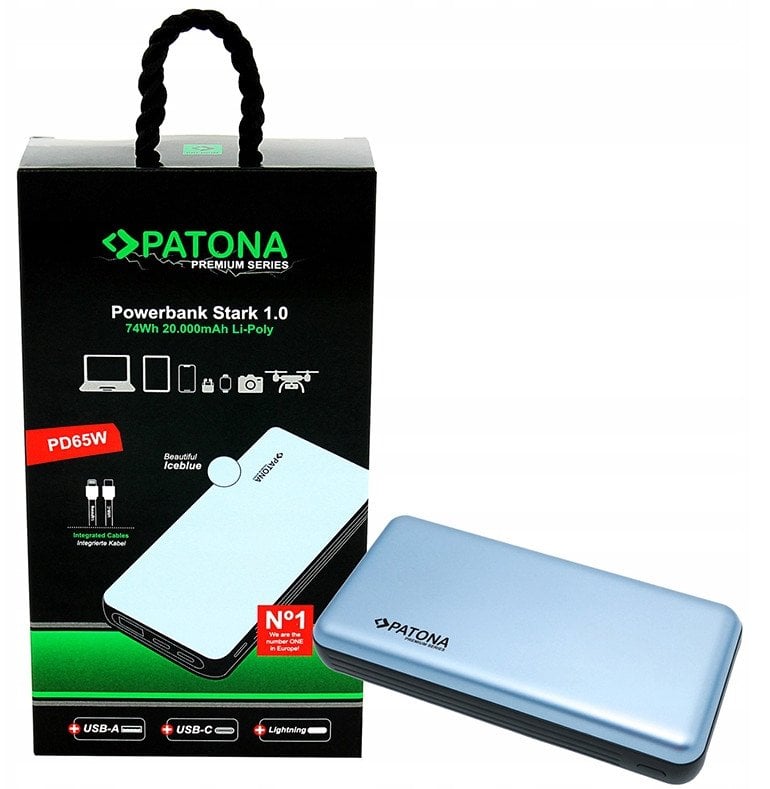 Powerbank PATONA 20000mAh, PD 65W, 3A, USB C Lightning, e zezë