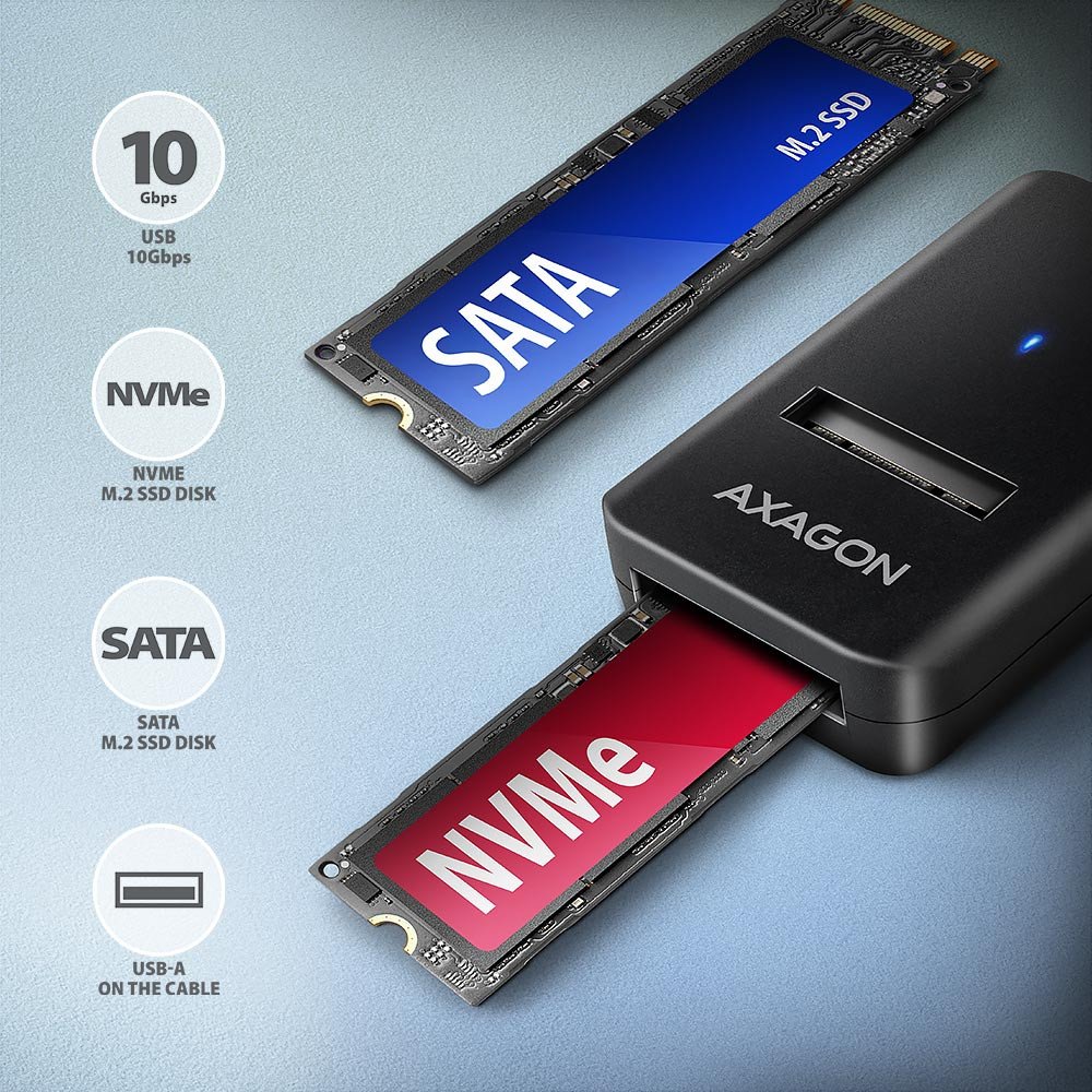 Adapter për SSD M.2 AXAGON ADM2-AM, NVMe dhe SATA, USB-A 10 Gbps, kabllo 10 cm
