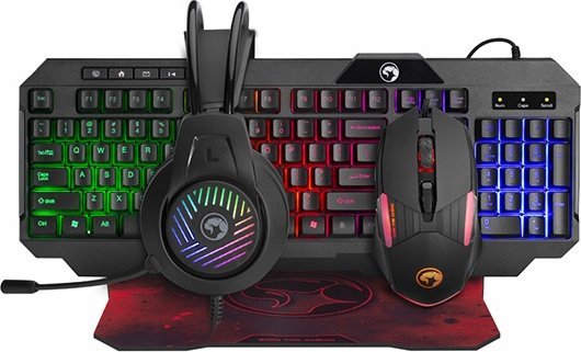 Set gaming Marvo CM430 US, tastierë maus kufje mouse pad, ndriçim LED rainbow, i zi
