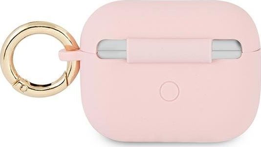 Mbulesë silikoni Guess GUAPSSSI Vintage Script për AirPods Pro, me unazë metalike, rozë