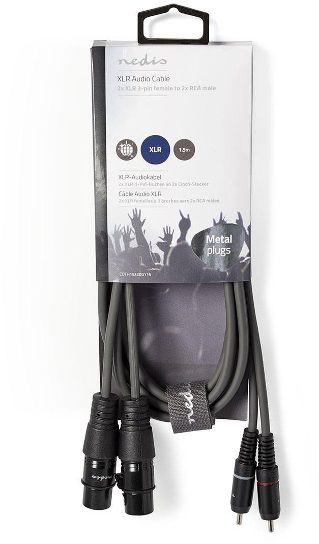 Аудио кабел Nedis OnStage, 2x XLR 3-пин женски во 2x RCA машки, 1.5 m, сив