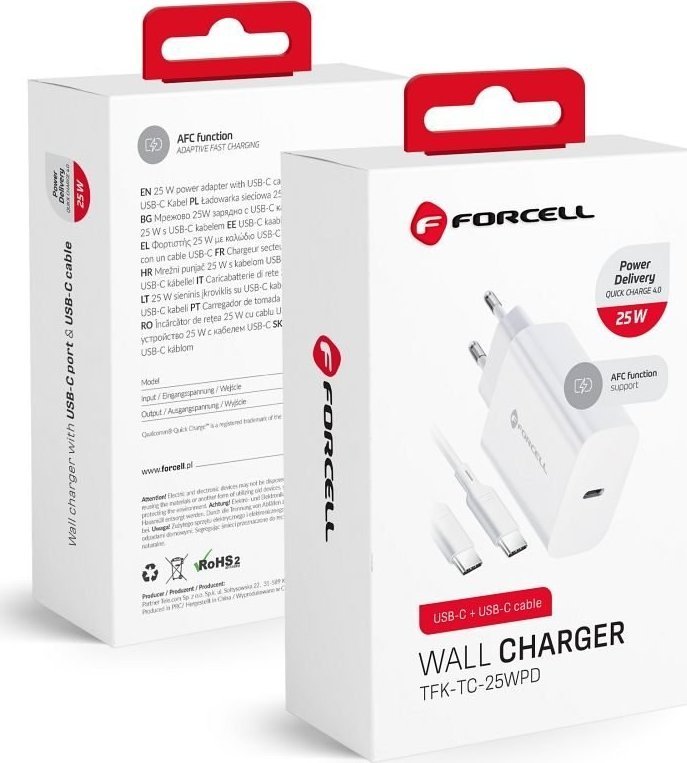 Полнач за ѕид Forcell USB-C PD QC 4.0, 25W, 3A, со кабел 1 m