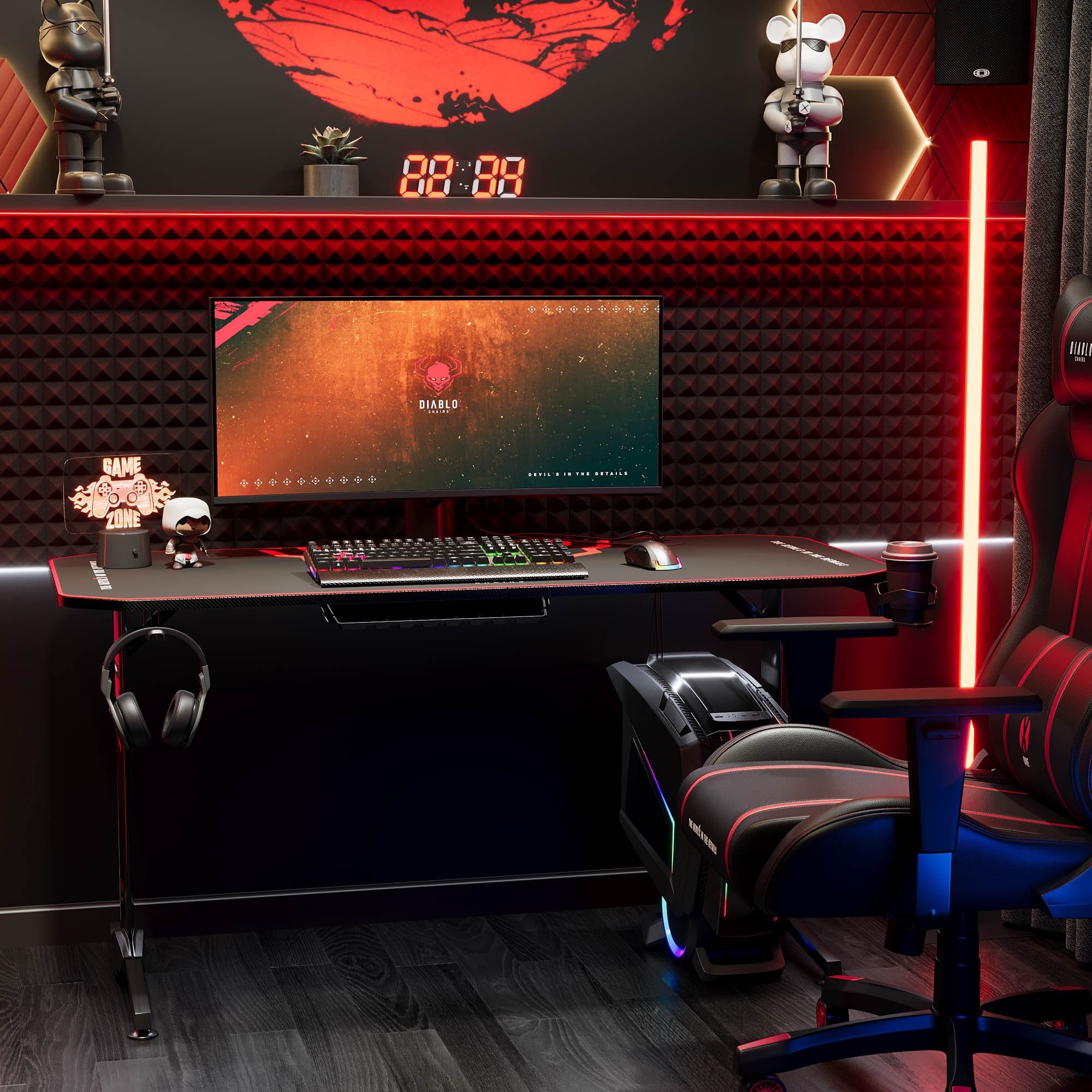 Tavolinë gaming Diablo X-mate 1400, 140cm, me mbajtëse dhe pad, e zezë