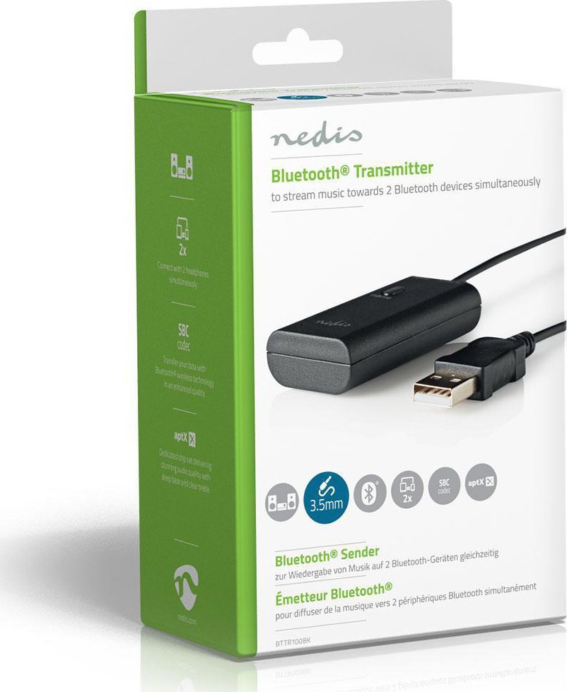 Transmetues Bluetooth Nedis BTTR100BK, hyrje 3.5 mm, aptX Low Latency, i zi