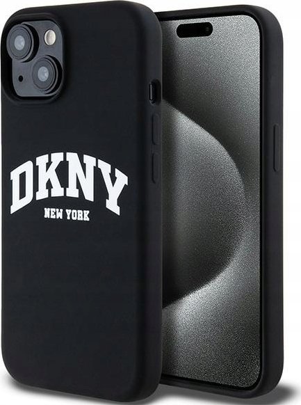Mbulesë telefoni DKNY Liquid Silicone Arch Logo MagSafe për iPhone 15 Plus, silikon i lëmuar, MagSafe, e zezë