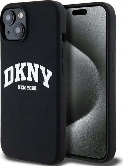 Mbulesë telefoni DKNY Liquid Silicone Arch Logo MagSafe për iPhone 15 Plus, silikon i lëmuar, MagSafe, e zezë