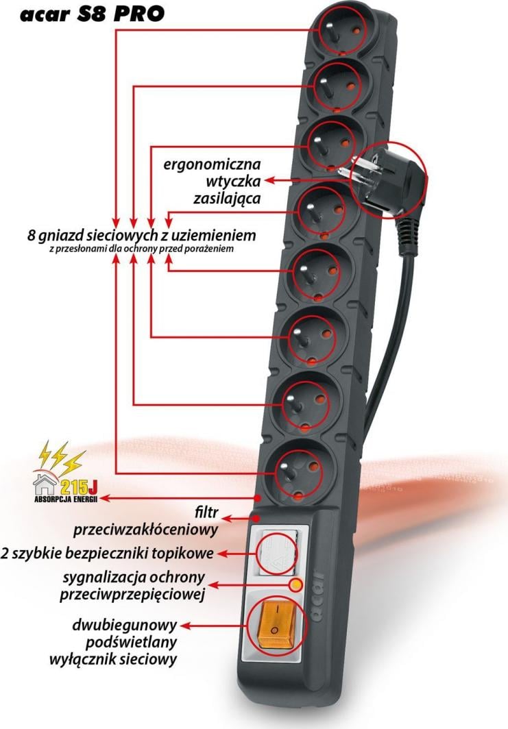 Kabllo mbrojtëse Acar S8 Pro, 8 priza, e zezë