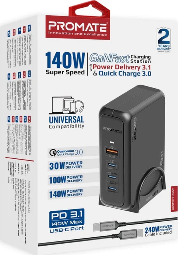 Ѕиден полнач ProMate GaNPort 140W, 3x USB C, Quick Charge 3.0, црн