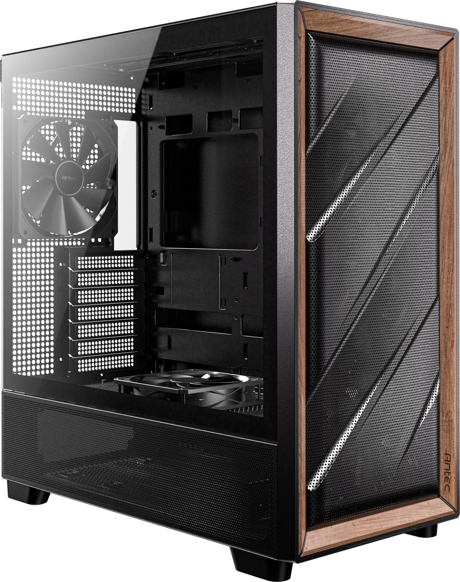 Куќиште за компјутер Antec Dark League DF700 Flux, MIDI Tower, ARGB, црно со оревово дрво