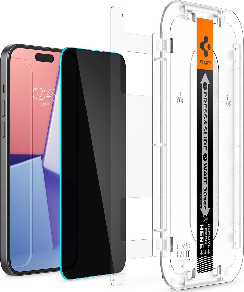 Заштитно стакло Spigen Glas TR EZ Fit Privacy за iPhone 15, 2 парчиња, проѕирно