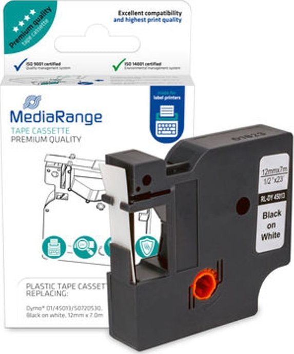 Kasetë shiriti plastik MediaRange Dymo D1 450, 12mm, 7m, e bardhë me tekst të zi