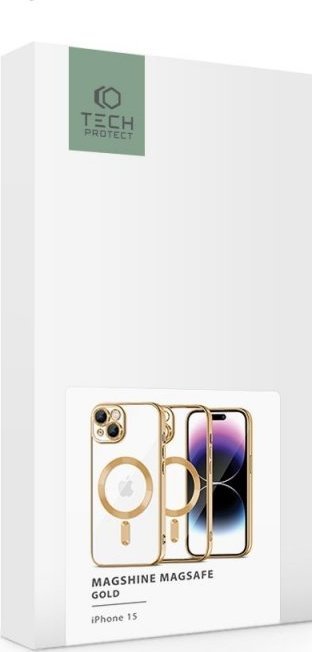 Maskë mbrojtëse Tech-Protect MagShine MagSafe për iPhone 15, pjesë e pasme transparente, ngjyrë ari