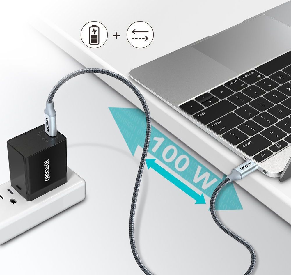 Kabull USB Choetech, USB C në USB C, 1.8 m, 100 W, argjendtë