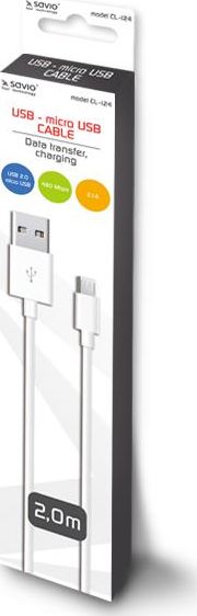 Kabllo Savio USB-A në microUSB, 2m, e bardhë